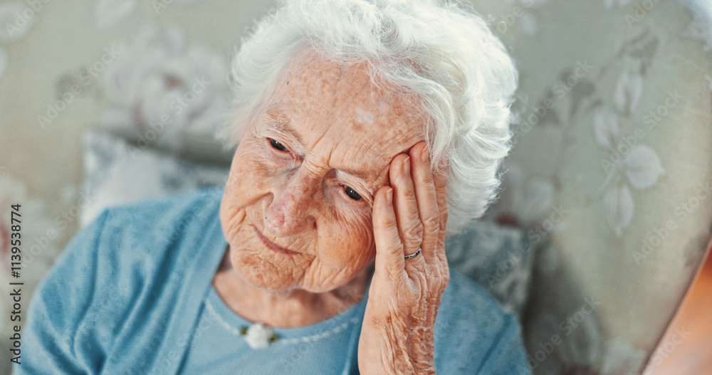 Thinking, sad and memory with old woman on sofa for reflection, Alzheimer and mindset. Depression, tired and retirement with senior person in living room of nursing home for mental health and vision Thinking, sad and memory with old woman on sofa for reflection, Alzheimer and mindset. Depression, tired and retirement with senior person in living room of nursing home for mental health and vision