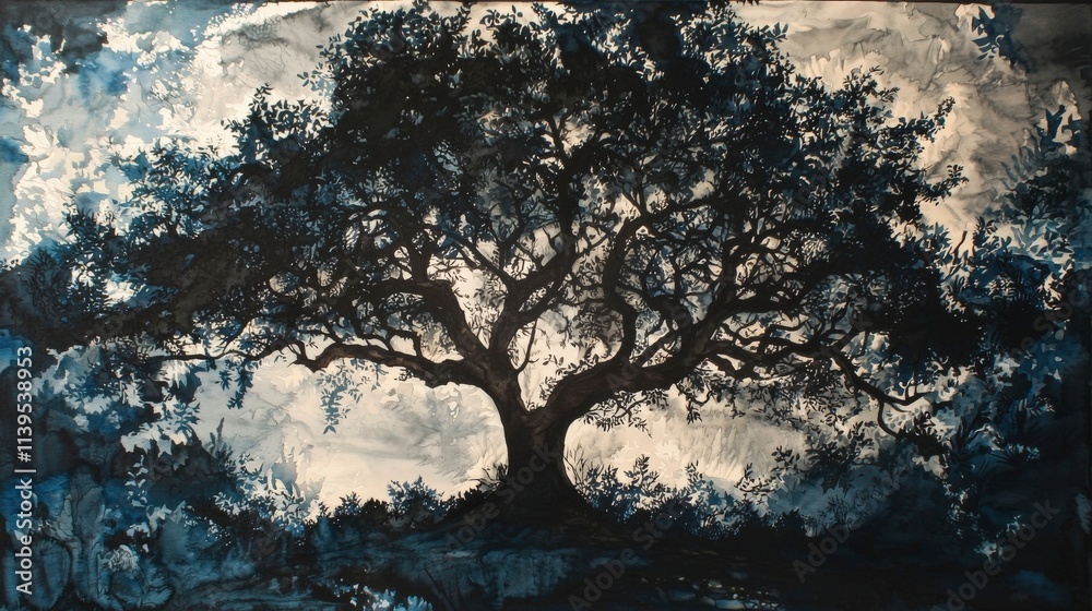 Fototapeta premium Silhouette of a tree projecting mystical imagery nature art outdoor low angle nature's essence
