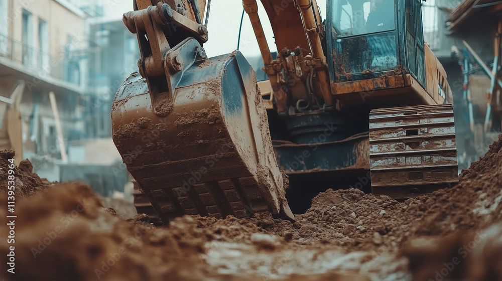 Fototapeta premium A large construction machine is digging into the dirt