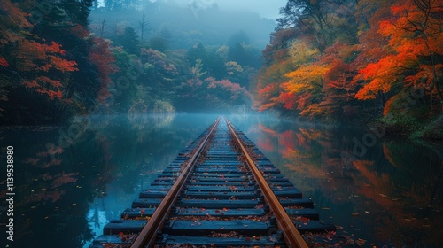 Misty autumn morning, train tracks reflecting in calm water, vibrant foliage.