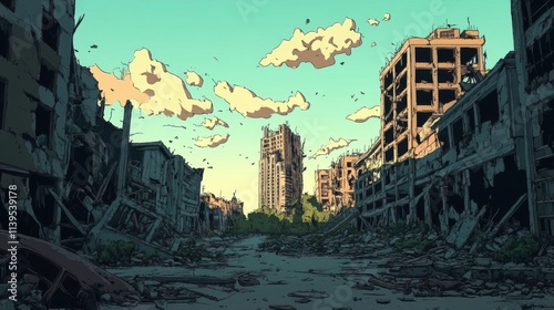 A whimsical cartoon illustration of an abandoned city.