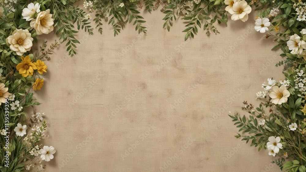 Burlap background with woven flowers and twigs in soft greens, nature-inspired, green, pastel Burlap background with woven flowers and twigs in soft greens, nature-inspired, green, pastel
