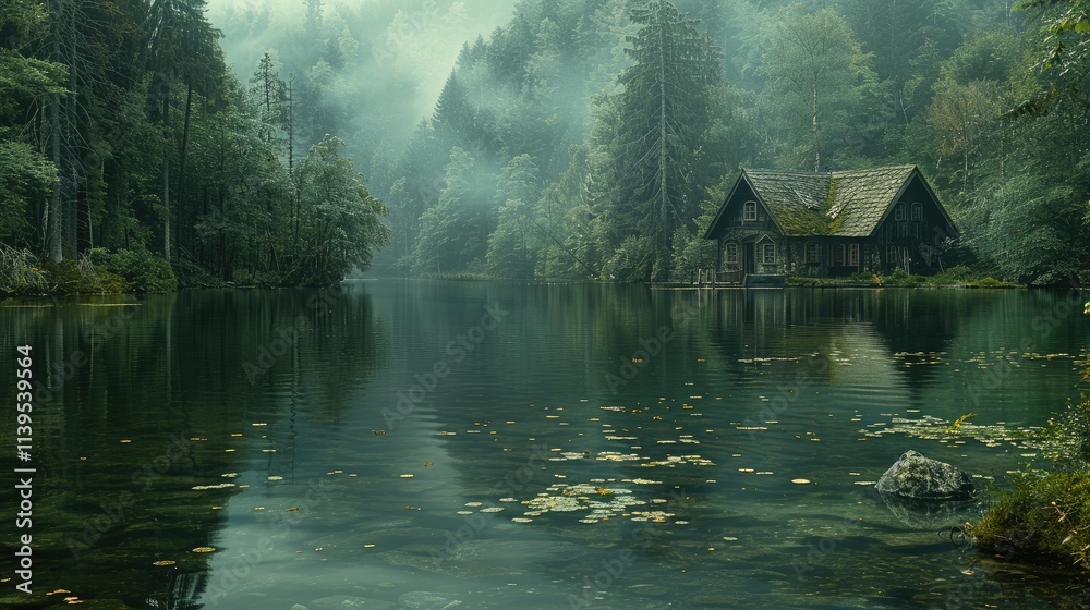 Fototapeta premium Misty lake, tranquil cabin, lush forest reflection.