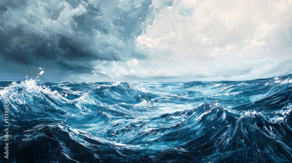 Stormy ocean transitions to tranquility coastal waters digital art serene environment wide-angle view calmness concept Stormy ocean transitions to tranquility coastal waters digital art serene environment wide-angle view calmness concept