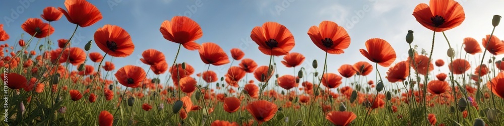 Blooming poppies swaying gently in the breeze , wind, soft, delicate Blooming poppies swaying gently in the breeze , wind, soft, delicate