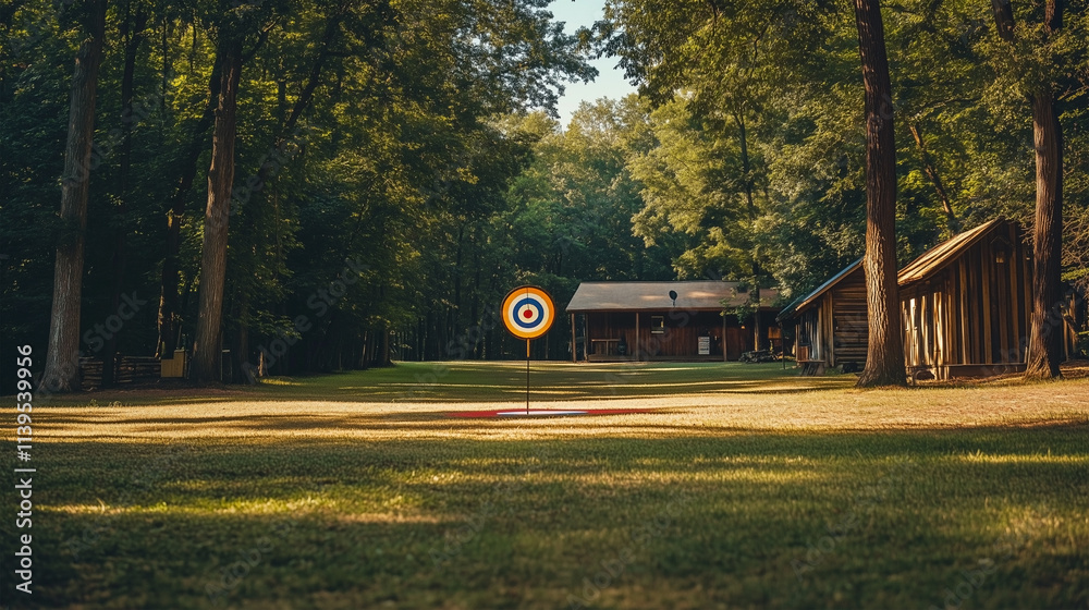 A large green field with a red and white target in the middle A large green field with a red and white target in the middle