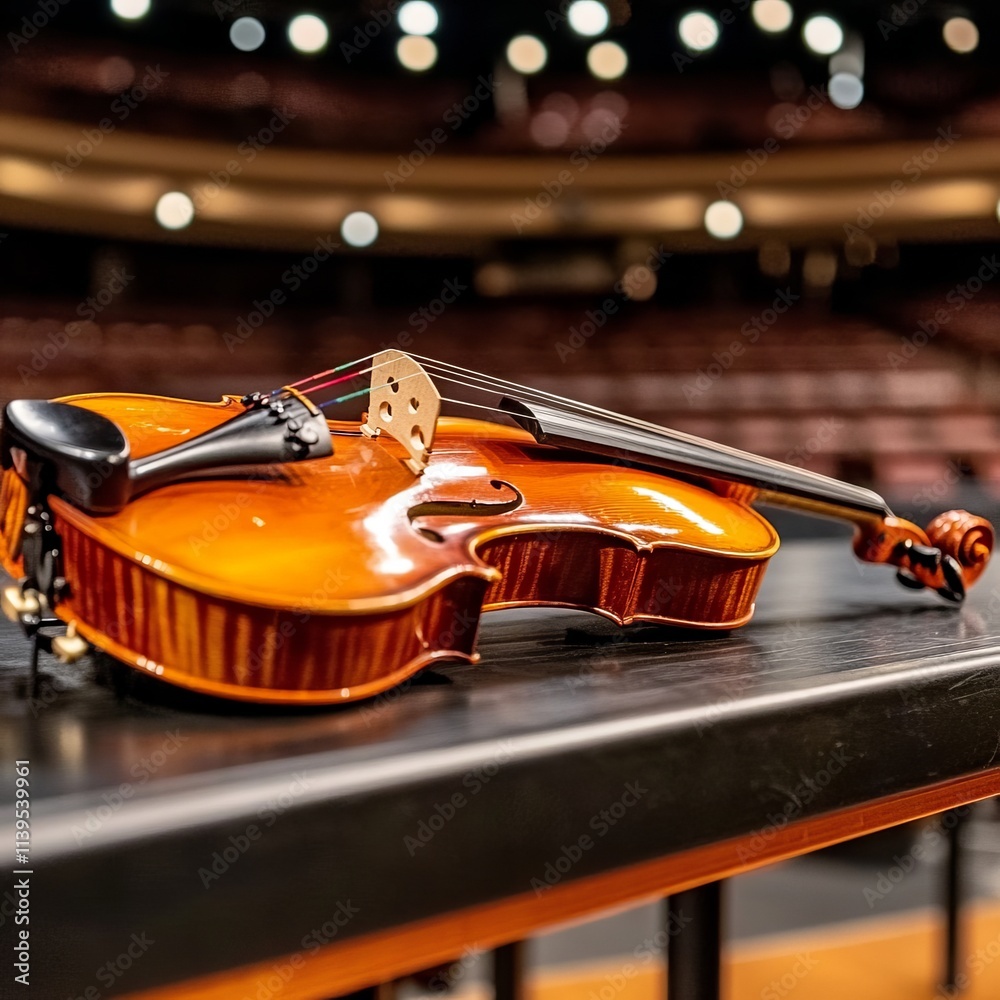 Fototapeta premium Violin Resting on a Dark Stage After a Performance