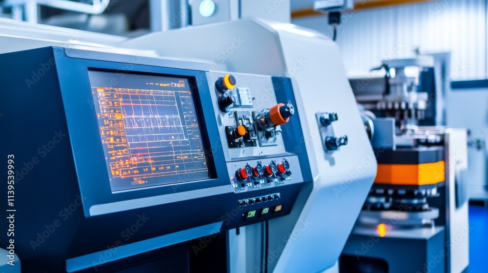 Industrial machinery control panel with digital display showing production data. Industrial machinery control panel with digital display showing production data.