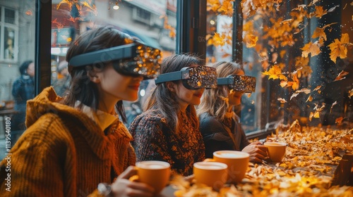 Wallpaper Mural Friends in a fall-themed cafÃ© wearing AR glasses that overlay digital leaf effects around them, experiencing a heightened autumn atmosphere indoors while they sip on pumpkin lattes,  Torontodigital.ca