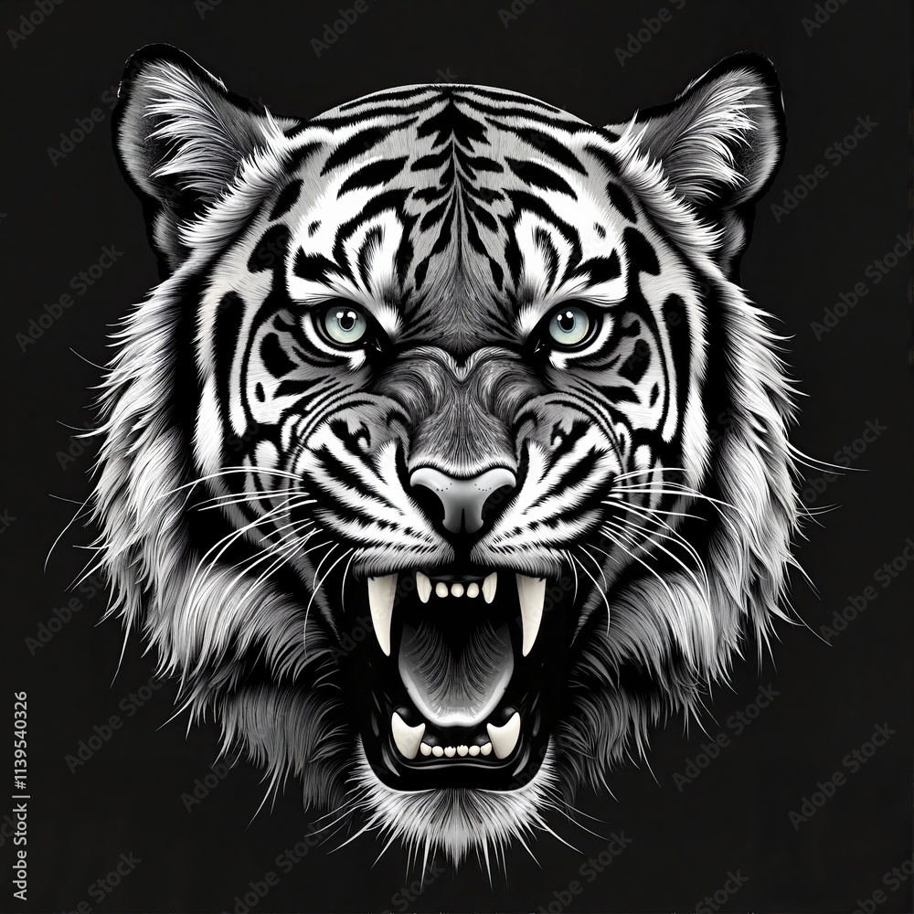 Tiger Roaring in Black and White Detailed Illustration, Print for T-Shirt Tiger Roaring in Black and White Detailed Illustration, Print for T-Shirt