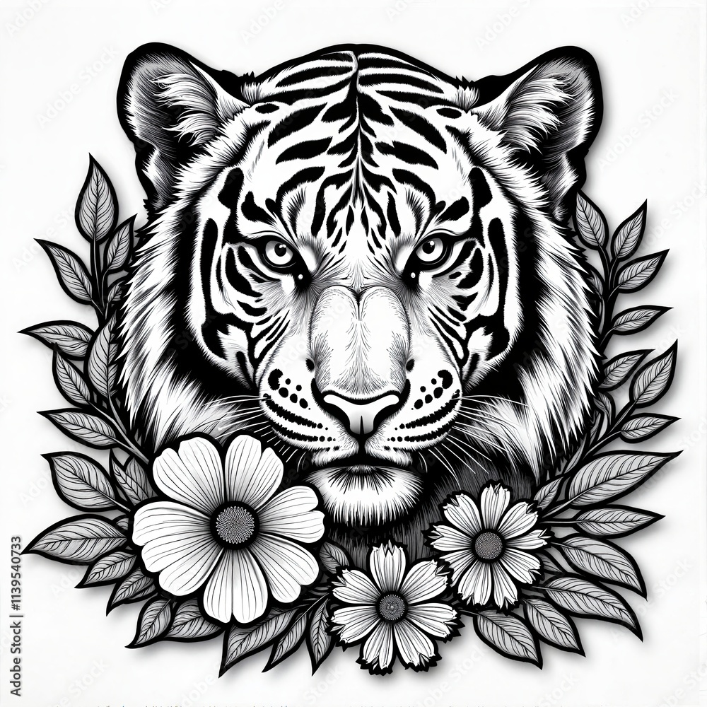 Tiger with Black and White Floral Frame and Detailed Art, Print for T-Shirt Tiger with Black and White Floral Frame and Detailed Art, Print for T-Shirt