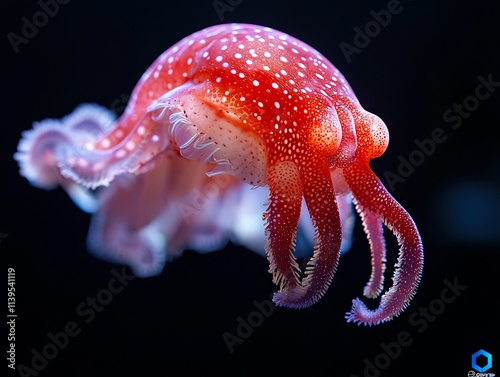 A red and white jellyfish floating in the water photo