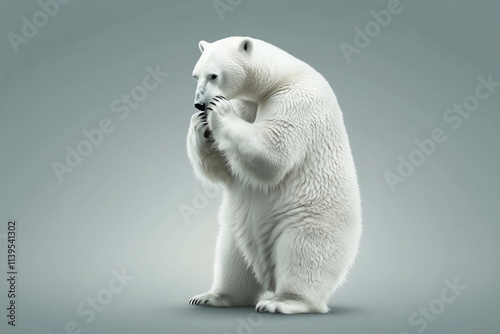 Standing polar bear in a pristine, neutral setting showcasing its majestic form and distinctive white fur against a smooth background photo