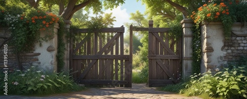 Old wooden gate with overgrown plants and vines, old, wood