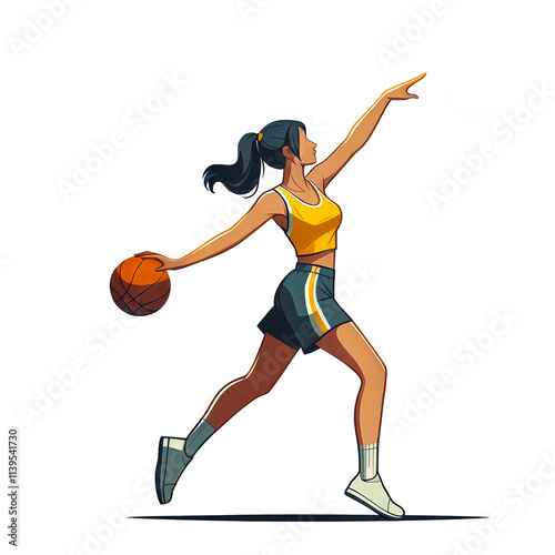 Isolated vector illustration of a female basketball player aiming to shoot a ball into the hoop with one hand on a white background. photo