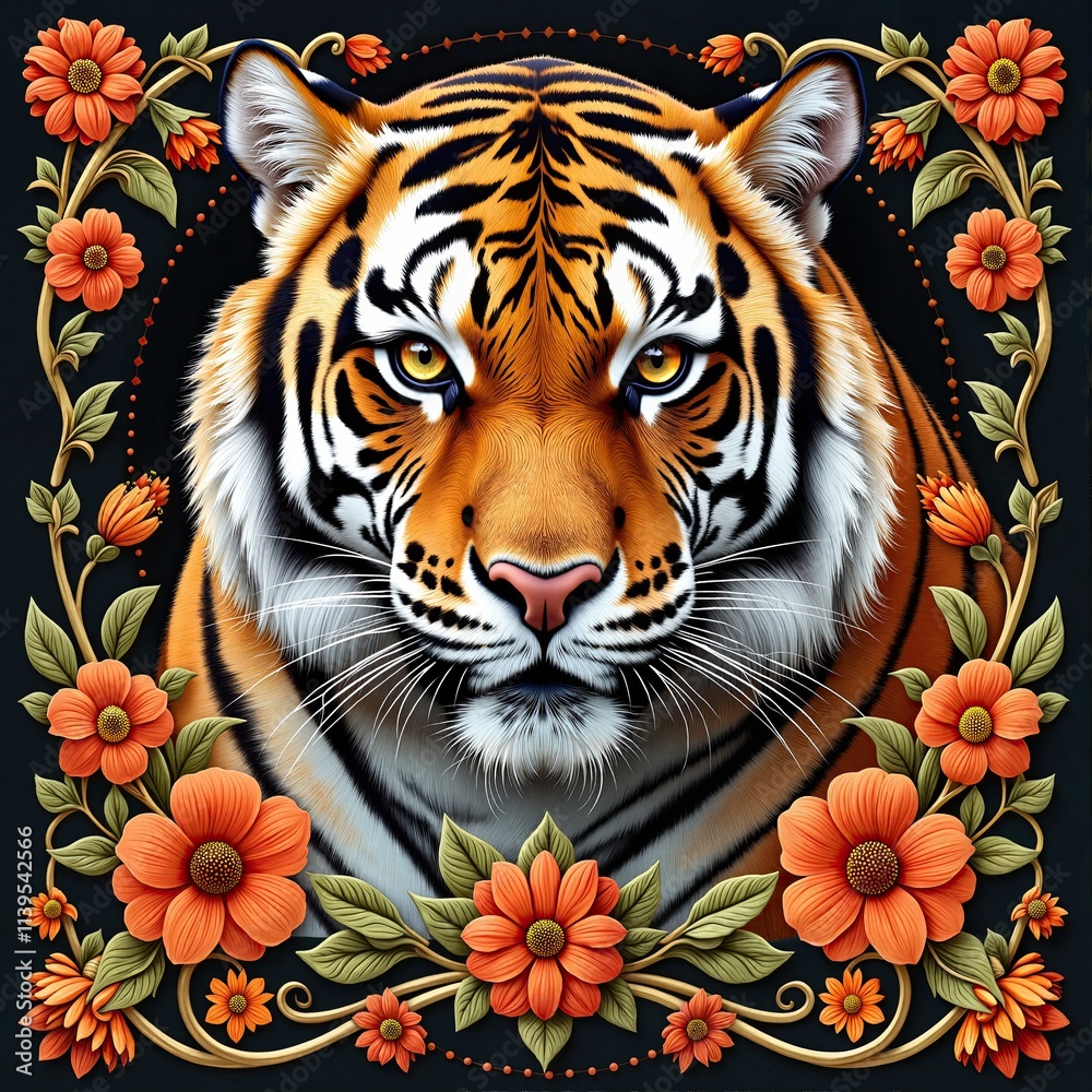 Majestic Tiger Portrait with Floral Frame and Golden Accents, Print for T-Shirt Majestic Tiger Portrait with Floral Frame and Golden Accents, Print for T-Shirt