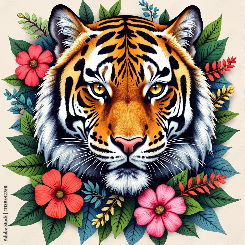 Realistic Tiger with Vibrant Floral Border in Artistic Style, Print for T-Shirt Realistic Tiger with Vibrant Floral Border in Artistic Style, Print for T-Shirt