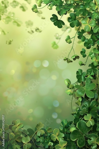 vertical banner, St. Patrick's Day, scattering of clover leaves, light abstract green background, bokeh effect, shine and radiance, copy space, free space for text photo