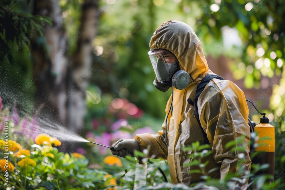 Naklejka premium Protective Gear in Action: A Person Spraying Pesticides on Colorful Flowers in a Lush Garden Setting, Ensuring Plant Health and Safety Against Pests