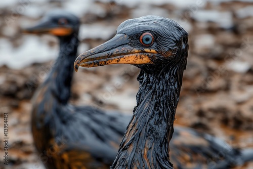 oil spill emergency concept. Two oil-covered birds stand on a muddy shore, highlighting the impact of pollution on wildlife and the environment. photo