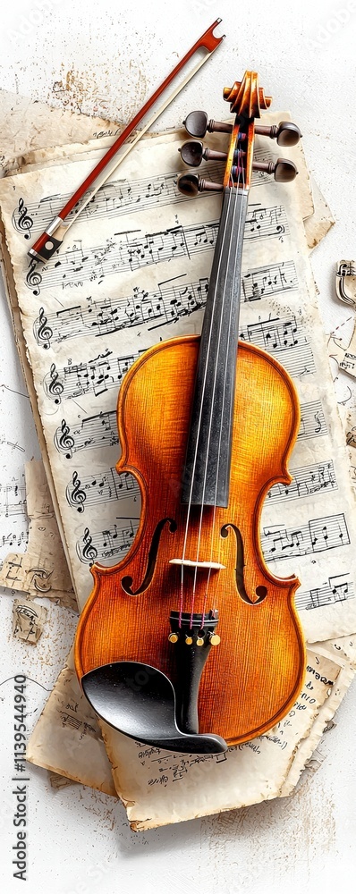 Naklejka premium Violin on Antique Sheet Music