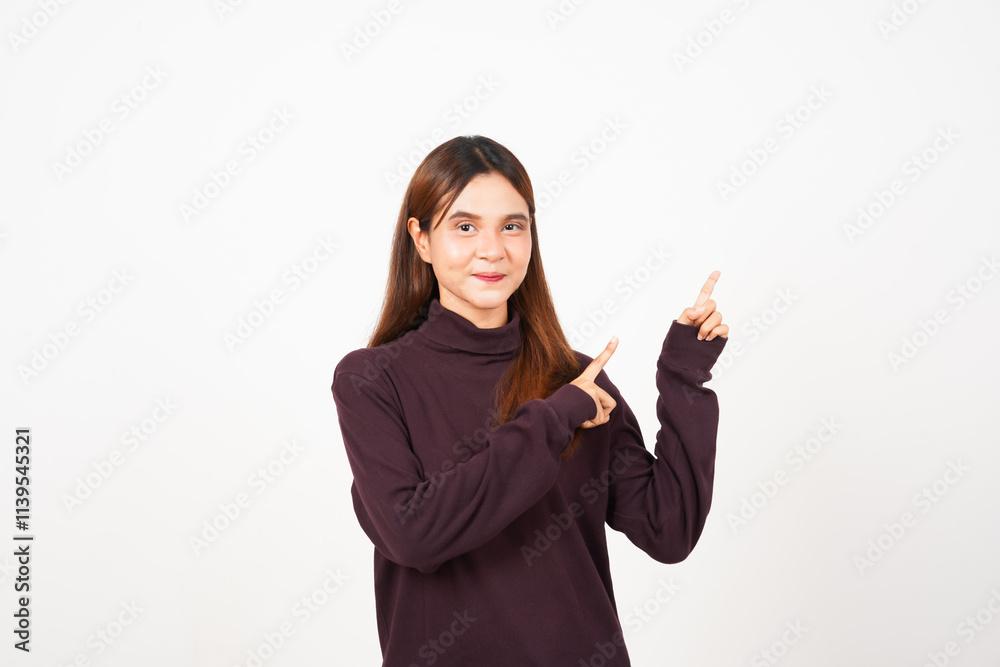 Smiling and Pointing Aside for Copy space Of Beautiful Asian Woman Isolated On White Background Smiling and Pointing Aside for Copy space Of Beautiful Asian Woman Isolated On White Background
