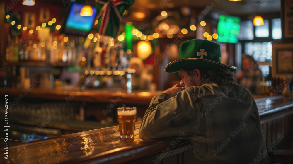 Obraz premium St. Patrick's Day celebration, a lonely man in a green leprechaun hat at the bar, a festive party in an Irish pub, a pint of foamy beer, a glass of ale, an empty bar
