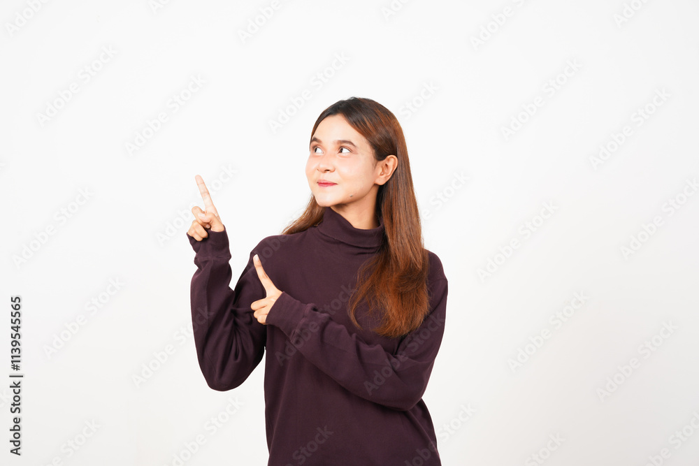 Smiling and Pointing Aside for Copy space Of Beautiful Asian Woman Isolated On White Background Smiling and Pointing Aside for Copy space Of Beautiful Asian Woman Isolated On White Background