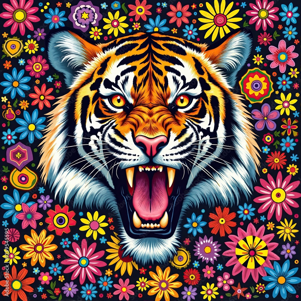 Fototapeta premium Vibrant Tiger Portrait with Colorful Floral Background, Print for T-Shirt