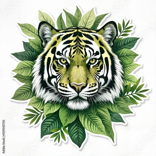 Green Tiger Portrait with Leaf-Like Patterns and Nature Theme, Print for T-Shirt photo