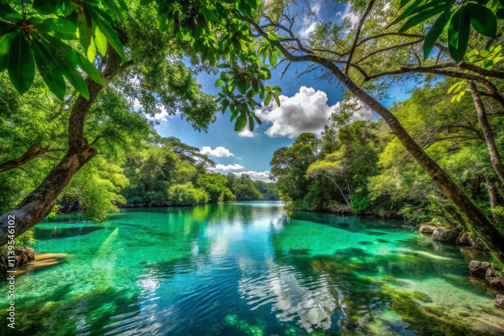 Lush emerald foliage frames radiant turquoise waters of serene river, surrounded by vibrant greenery and clear blue sky, creating tranquil natural paradise Lush emerald foliage frames radiant turquoise waters of serene river, surrounded by vibrant greenery and clear blue sky, creating tranquil natural paradise