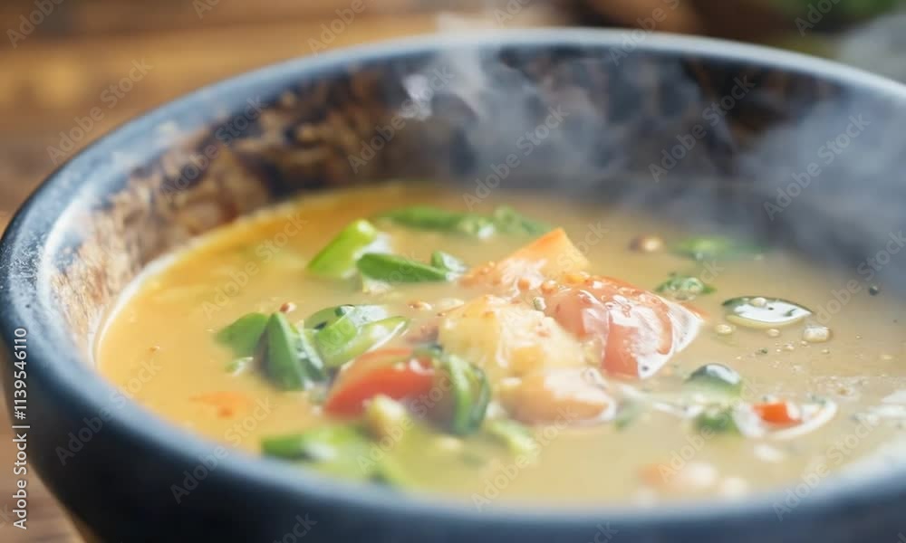 A bowl of soup garnished with vegetables and herbs. A bowl of soup garnished with vegetables and herbs.