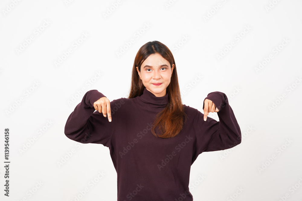 Smiling and pointing down for presenting copy space product Of Beautiful Asian Woman Isolated On White Background Smiling and pointing down for presenting copy space product Of Beautiful Asian Woman Isolated On White Background