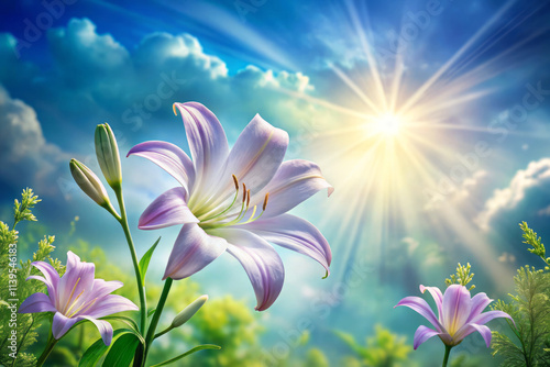 serene scene featuring blooming lilies under bright sun, surrounded by lush greenery and soft sapphire sky. vibrant colors evoke sense of tranquility and beauty