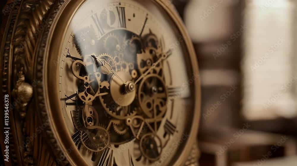 A close-up of an ornate vintage clock with its hands moving and gears softly ticking. The camera zooms in on intricate details, emphasizing the craftsmanship.