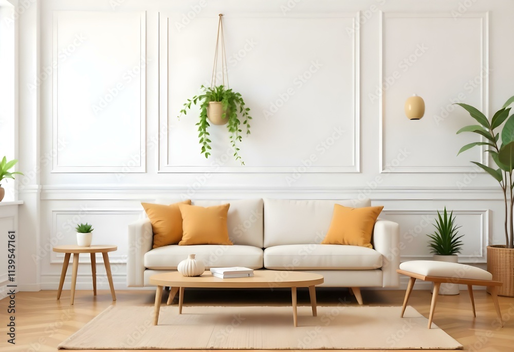 A modern living room with a beige sofa, wooden coffee table, and a hanging plant decoration on the wall. A modern living room with a beige sofa, wooden coffee table, and a hanging plant decoration on the wall.
