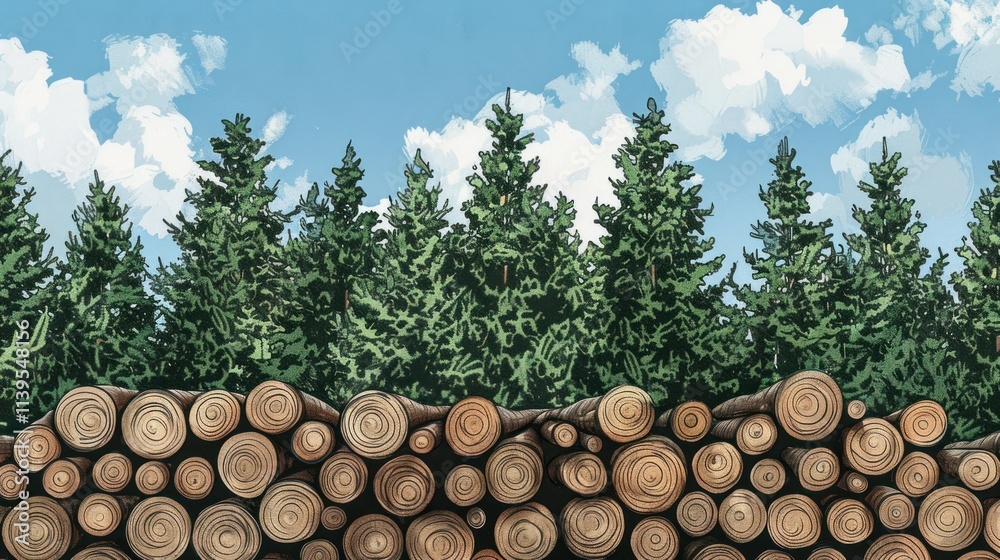 Forest scene with stacked logs against a backdrop of tall evergreen trees under a partly cloudy sky. Forest scene with stacked logs against a backdrop of tall evergreen trees under a partly cloudy sky.