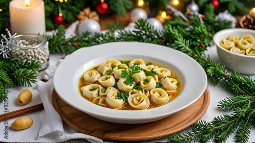 Italian Tortellini in Brodo with Clear Broth and Parsley Garnish on Christmas Plate. Ai