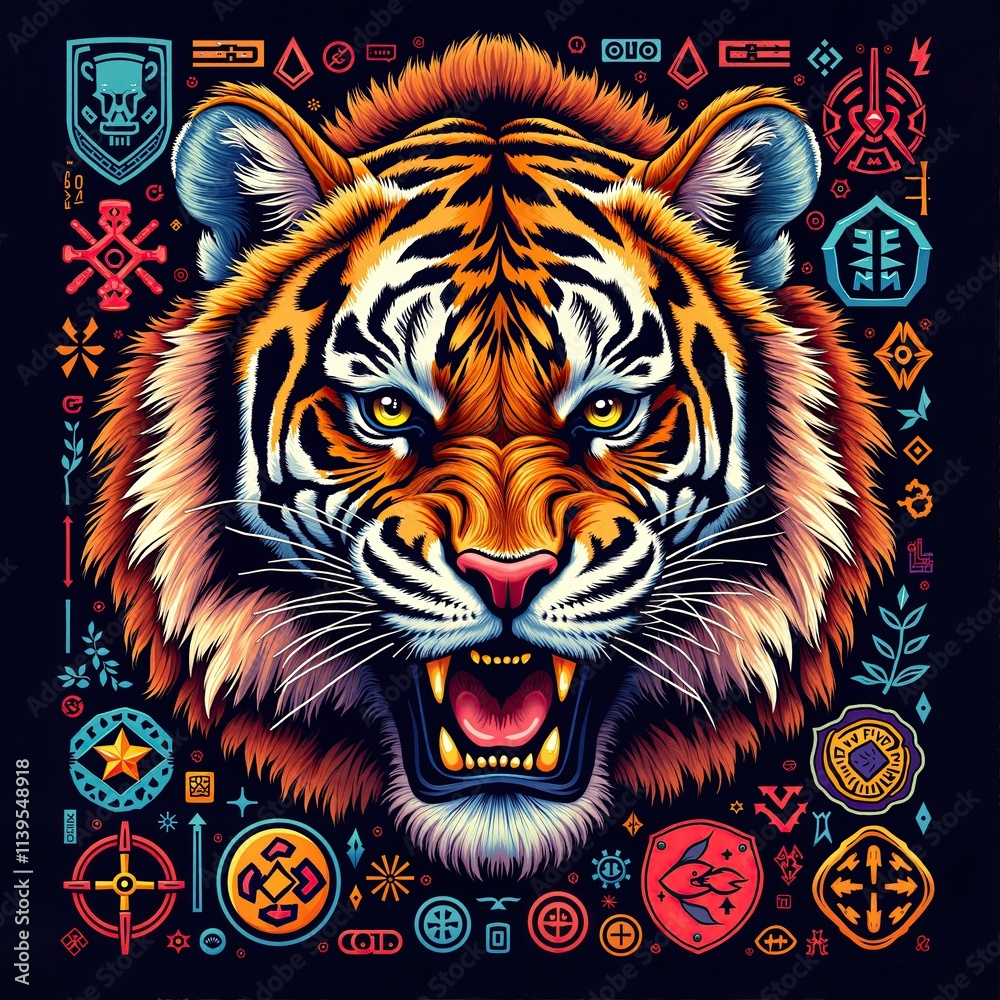 Cyberpunk Tiger Portrait with Glowing Highlights and Neon Background, Print for T-Shirt Cyberpunk Tiger Portrait with Glowing Highlights and Neon Background, Print for T-Shirt