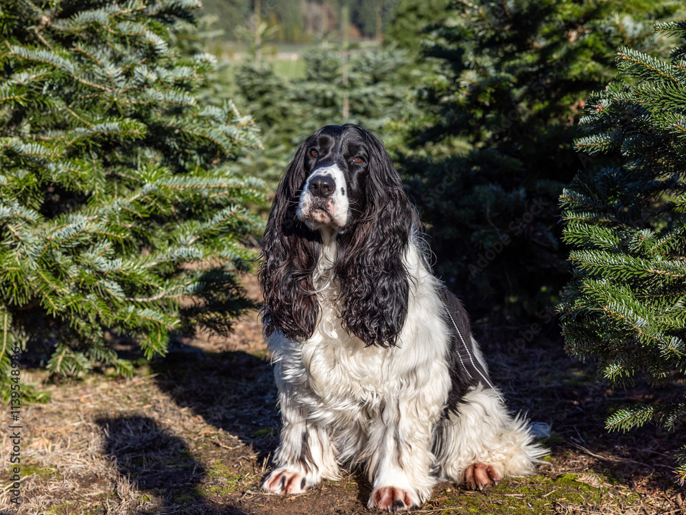 Male Russian spaniel posing sitting on a back paws between firs on a Christmas tree farm Male Russian spaniel posing sitting on a back paws between firs on a Christmas tree farm