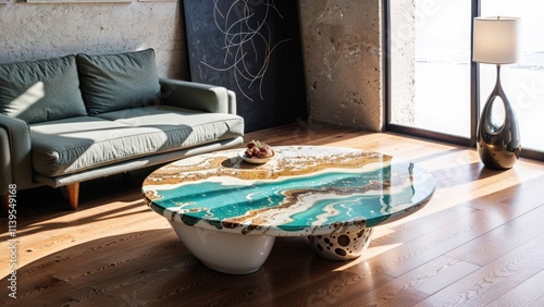 Generative AI, Custom epoxy resin coffee table with aquamarine layers and a sage green daybed in a sunlit modern interior photo