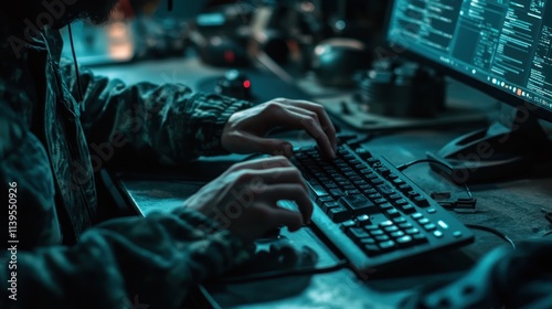 Person typing on keyboard at computer in dark room.