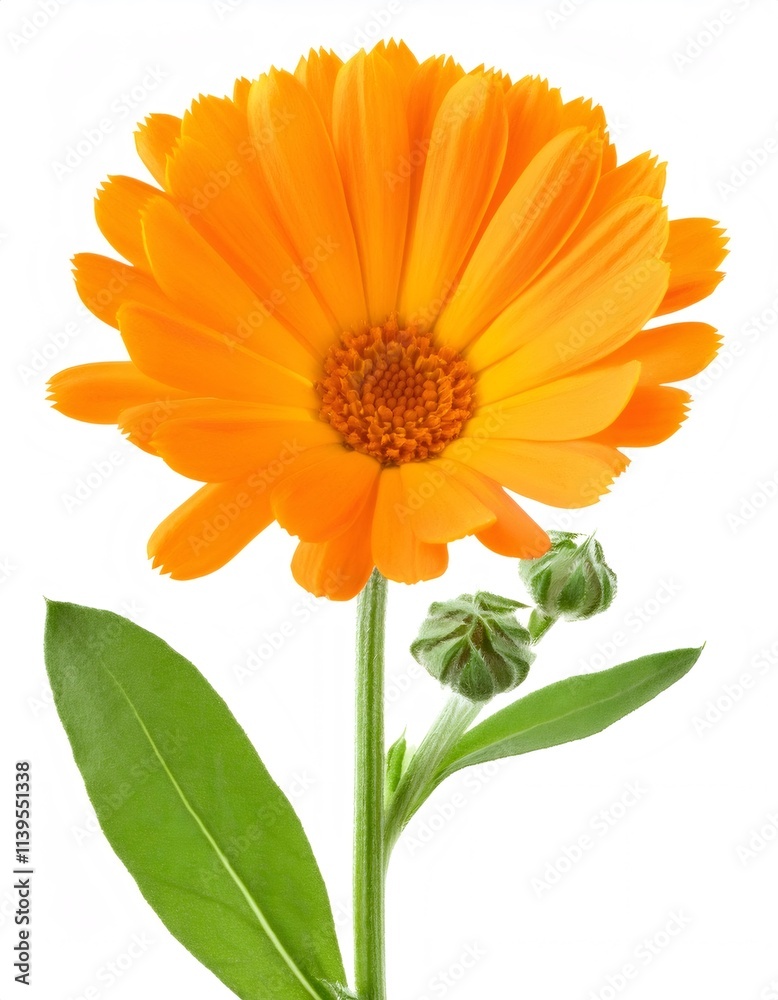 Isolated orange calendula officinalis flower blooming with green leaves on a white background, showcasing vivid color and intricate features Isolated orange calendula officinalis flower blooming with green leaves on a white background, showcasing vivid color and intricate features