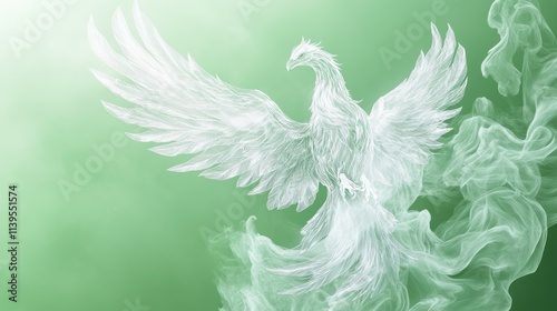 Fototapeta Naklejka Na Ścianę i Meble -  Majestic white phoenix rising from ethereal green smoke.