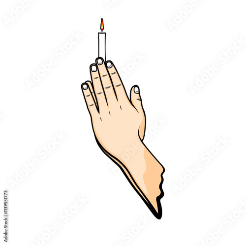 tucking the lit candle between the joined right and left palms, the buddhist hand gesture of prayer vector illustration