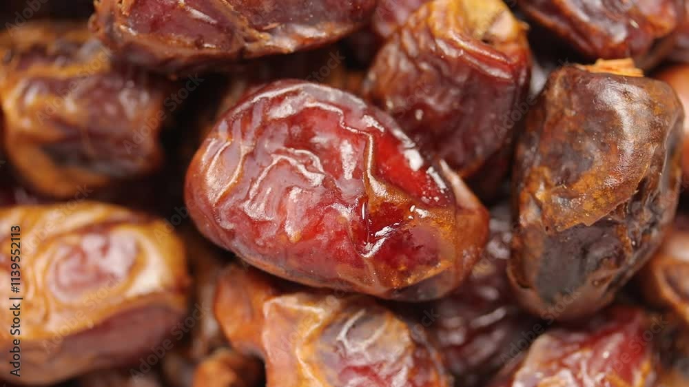 Heap of dried dates fruit rotation, Top view shot Heap of dried dates fruit rotation, Top view shot