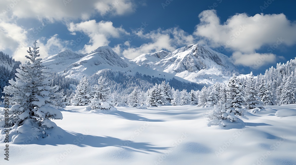 Snowy Mountain Landscape with Fir Trees. Winter Wonderland Scenery. Snowy Mountain Landscape with Fir Trees. Winter Wonderland Scenery.