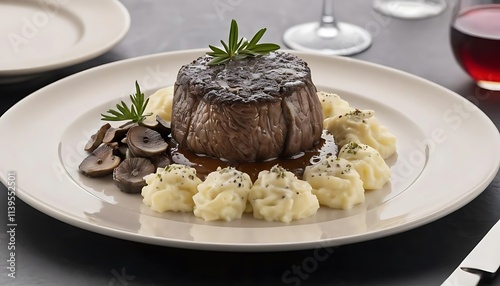 Savor the Exquisite: A Juicy Filet Mignon with Creamy Mashed Potatoes and Saut?ed Mushrooms