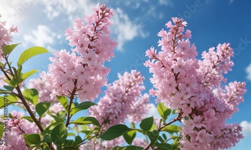 Soft pink lilac blossoms unfurl against a radiant blue sky with delicate white petals and subtle green leaves, purple bloom, pink lilac, blooming lilac photo