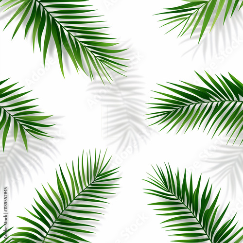 green palm leaves and shadows on isolated white background, seamless pattern